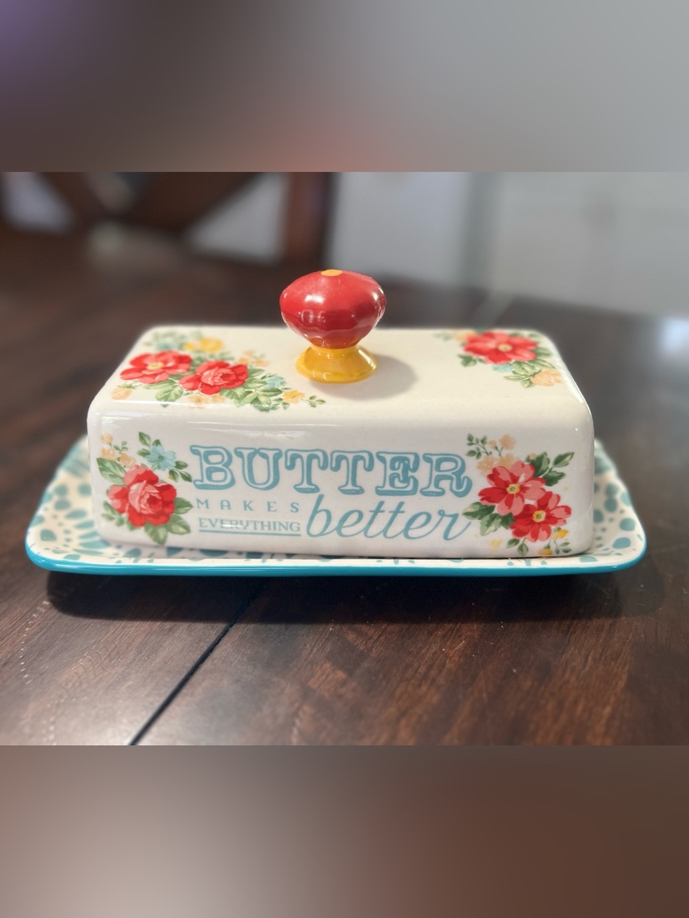 The Pioneer Woman Floral Butter Dish with Red & Yellow Knob